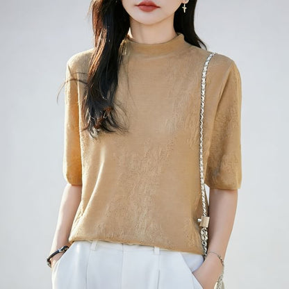Mock Neck Elbow-Sleeve Knit Top