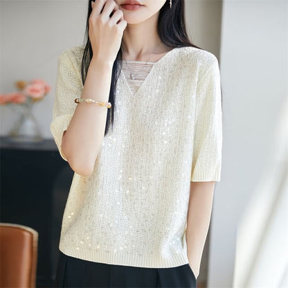 Sequin V-Neck Knit Top