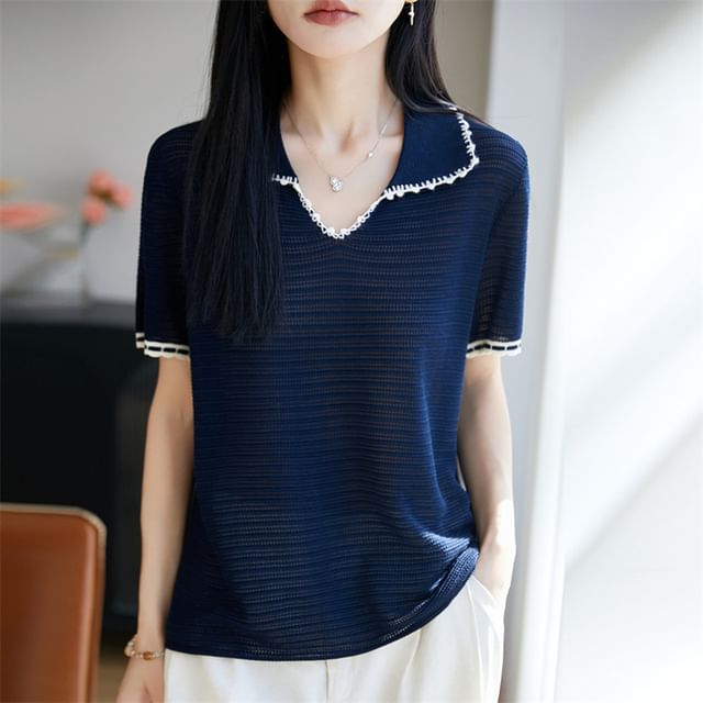 Beaded Accent Knit Top with Short Sleeves