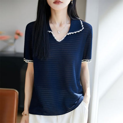 Beaded Accent Knit Top with Short Sleeves