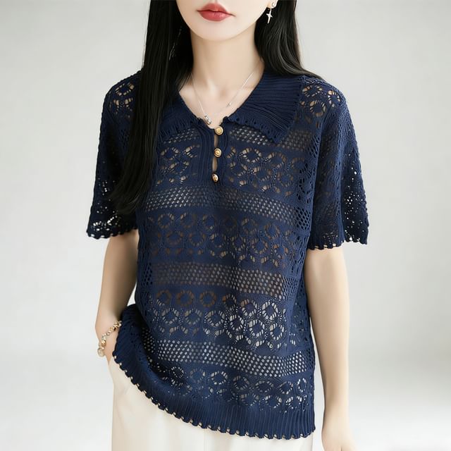 Crochet Polo Short-Sleeve Top