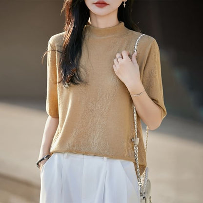 Mock Neck Elbow-Sleeve Knit Top