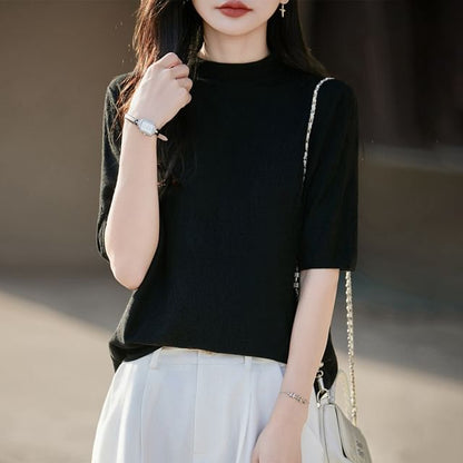 Mock Neck Elbow-Sleeve Knit Top
