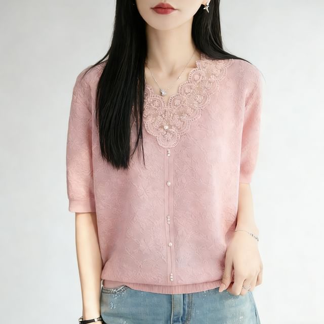 Lace Trim V-Neck Knit Top