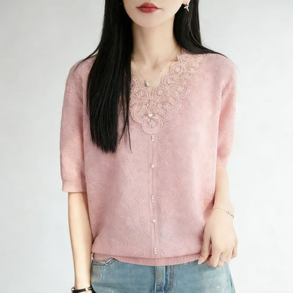 Lace Trim V-Neck Knit Top