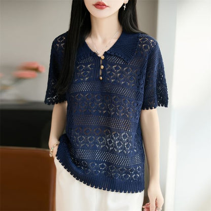 Crochet Polo Short-Sleeve Top