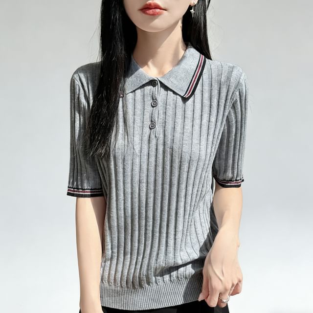 Striped Trim Polo Knit Tee with Short Sleeves