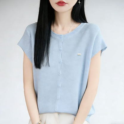 Button-Front Solid Knit Casual Shirt with Short Sleeves