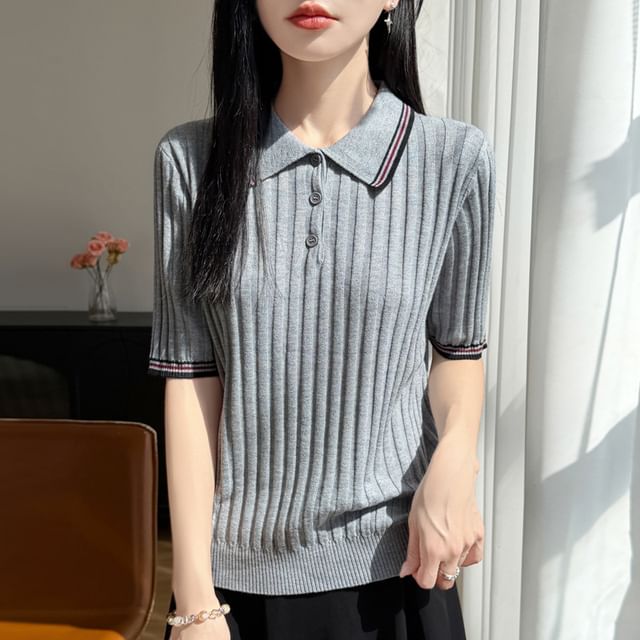 Striped Trim Polo Knit Tee with Short Sleeves
