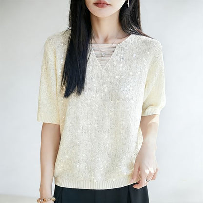 Sequin V-Neck Knit Top