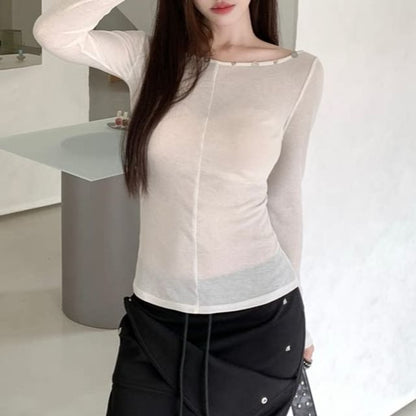Sheer Boatneck Long-Sleeve Top