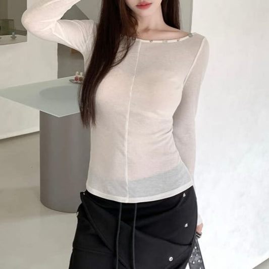 Sheer Boatneck Long-Sleeve Top
