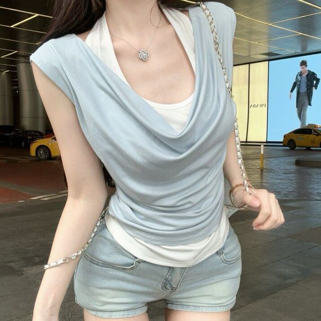 Halter Neck Two-Tone Cutout Top