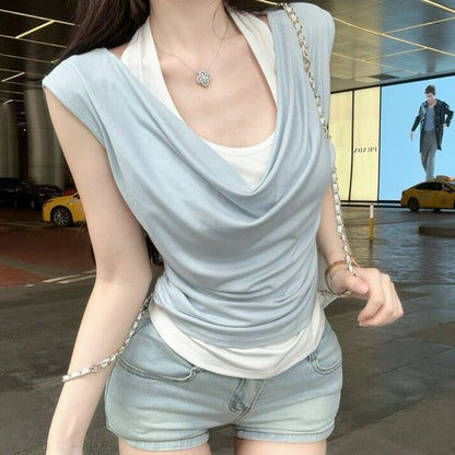 Halter Neck Two-Tone Cutout Top
