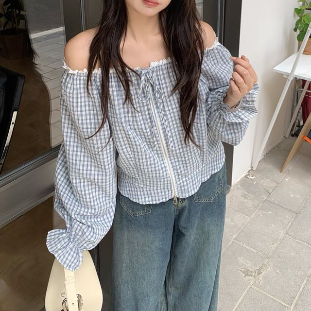 Plaid Lace Zip Blouse with Tie Front