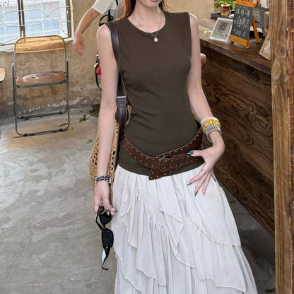 Cutout Back Tank with Maxi Skirt and Belt Set