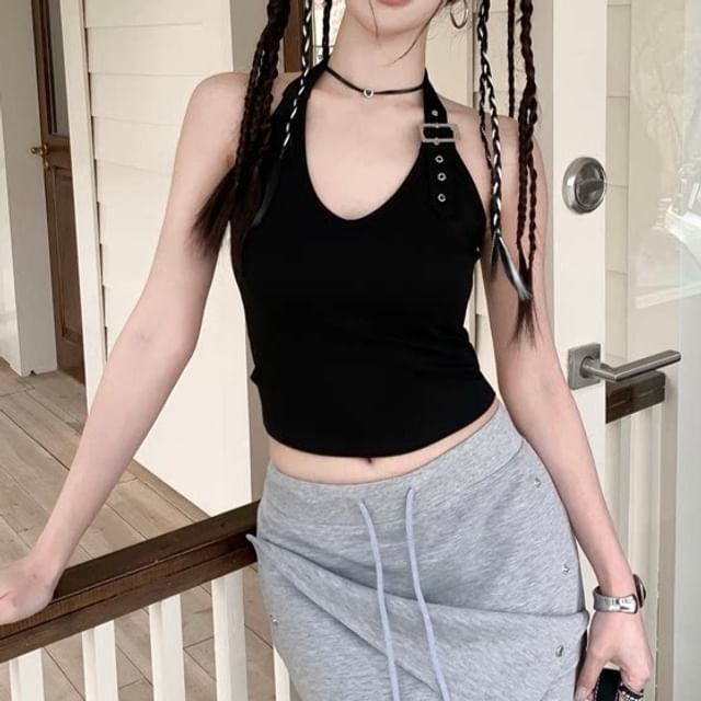Buckled Halter Crop Top