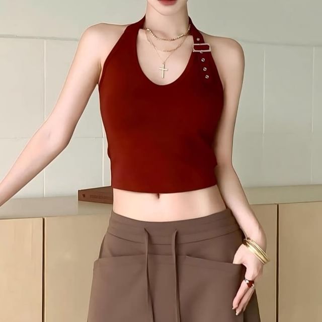Buckled Halter Crop Top