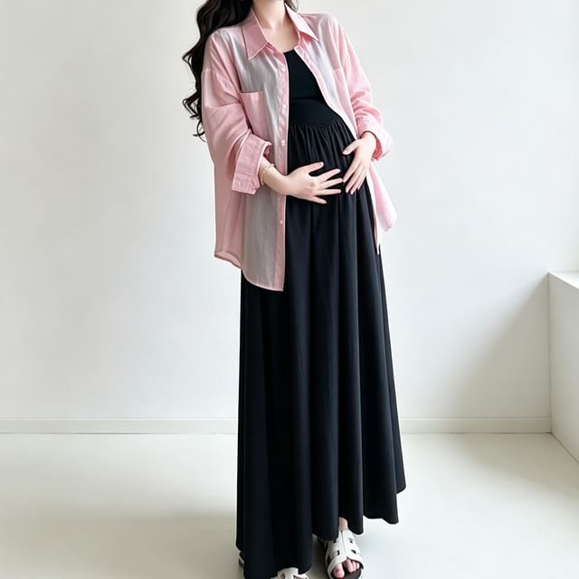Maternity Collared Shirt and A-Line Dress Set