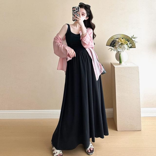 Maternity Collared Shirt and A-Line Dress Set