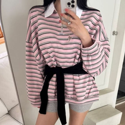 Striped Contrast Collar Half-Zip Pullover