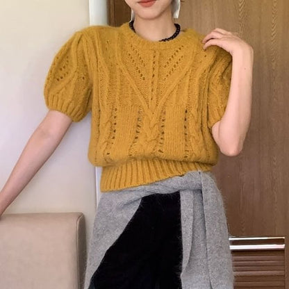 Puffed Sleeve Crew Neck Knit Top