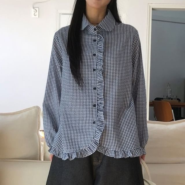 Gingham Peter Pan Collar Button Shirt