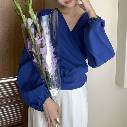 V-Neck Wrap Blouse with Tie Waist and Long Sleeves
