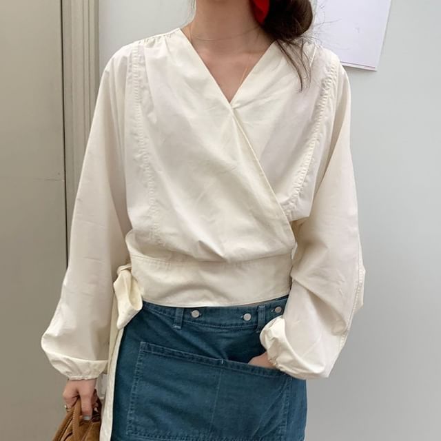 V-Neck Wrap Blouse with Tie Waist and Long Sleeves