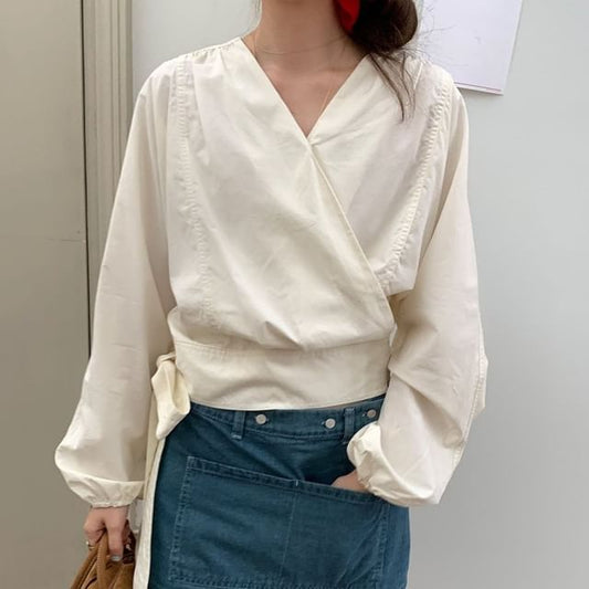 V-Neck Wrap Blouse with Tie Waist and Long Sleeves