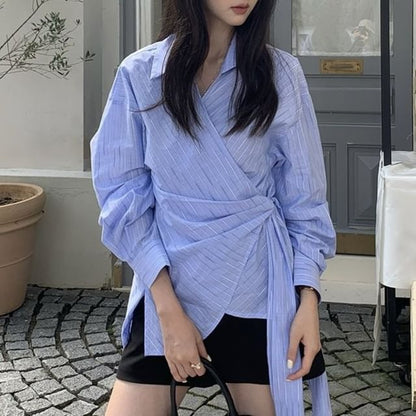 Collared Striped Wrap Blouse