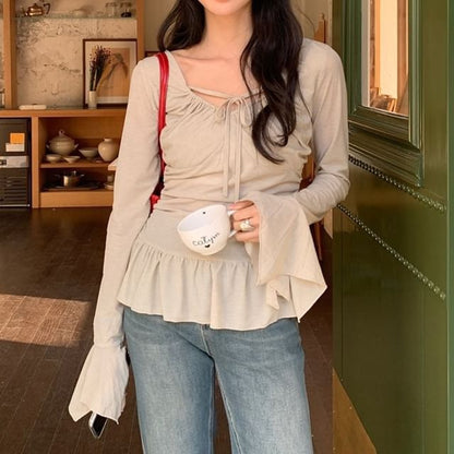 Halter Ruffle Hem Long Sleeve Tee
