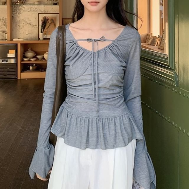 Halter Ruffle Hem Long Sleeve Tee