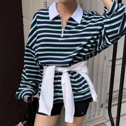 Striped Contrast Collar Half-Zip Pullover
