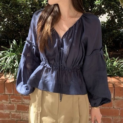 Frilled Long-Sleeve Tie-Front Blouse