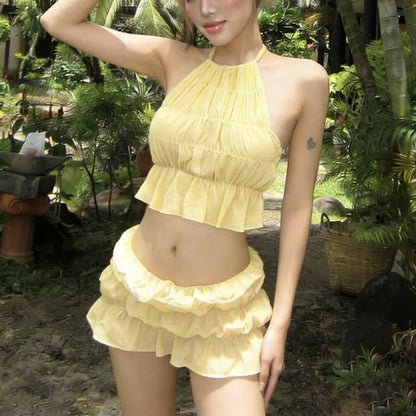 Sleeveless Crop Top with Tiered Mini Skirt