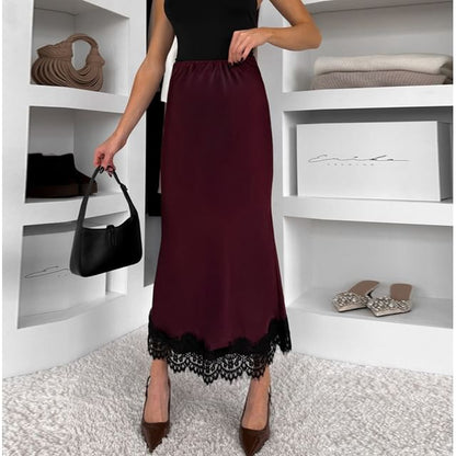 High Waist Lace-Trim Satin Fishtail Maxi Skirt