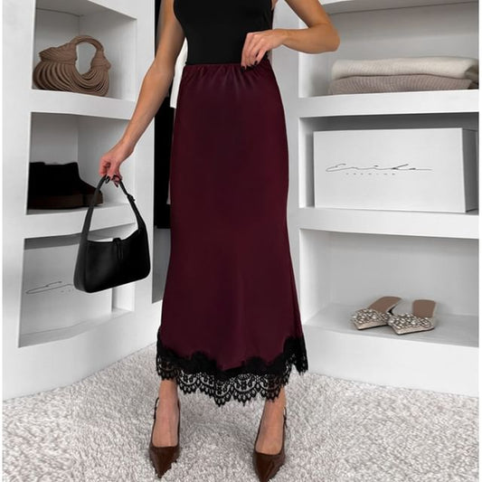 High Waist Lace-Trim Satin Fishtail Maxi Skirt