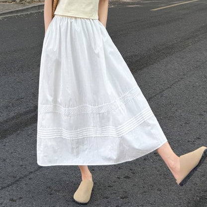 High Waist Lace Panel Pintuck Midi A-Line Skirt