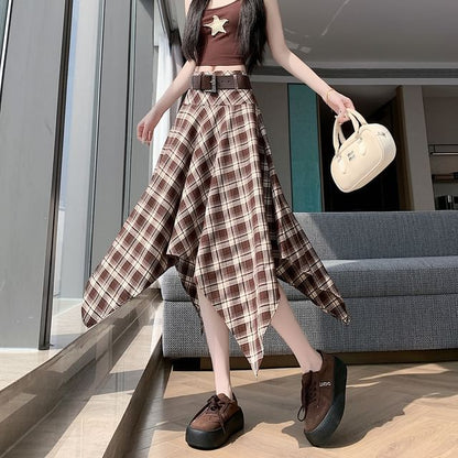 Set: High Waist Plaid Asymmetrical A-Line Skirt + Belt