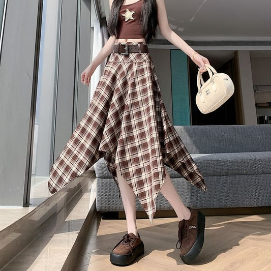 Set: High Waist Plaid Asymmetrical A-Line Skirt + Belt