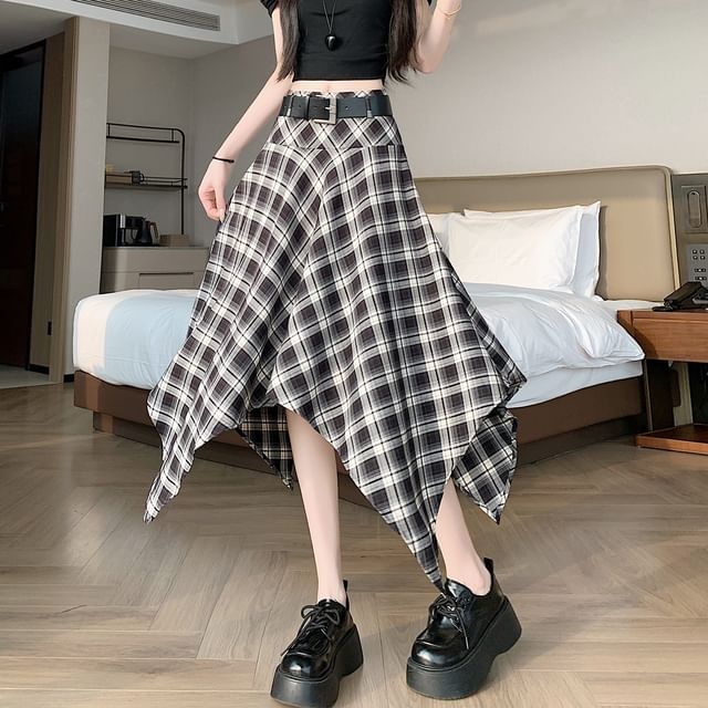 Set: High Waist Plaid Asymmetrical A-Line Skirt + Belt