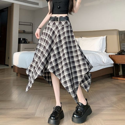 Set: High Waist Plaid Asymmetrical A-Line Skirt + Belt