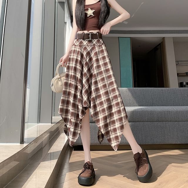 Set: High Waist Plaid Asymmetrical A-Line Skirt + Belt