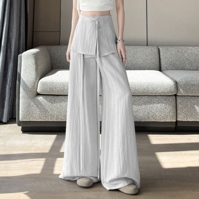 Set: High Waist Plain Wide Leg Pants + Wrap Skirt