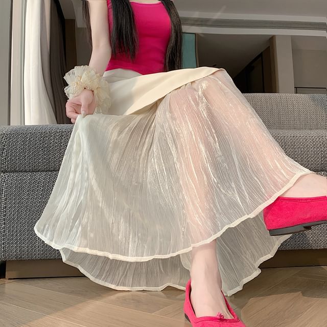 High Waist Plain Panel Mesh Maxi A-Line Skirt