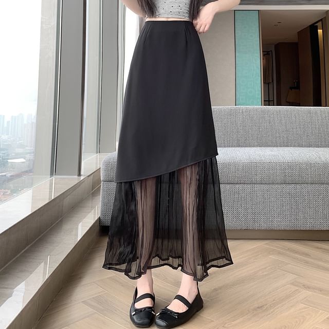 High Waist Plain Panel Mesh Maxi A-Line Skirt