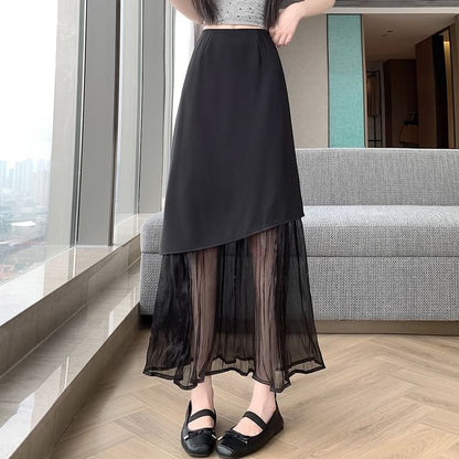 High Waist Plain Panel Mesh Maxi A-Line Skirt