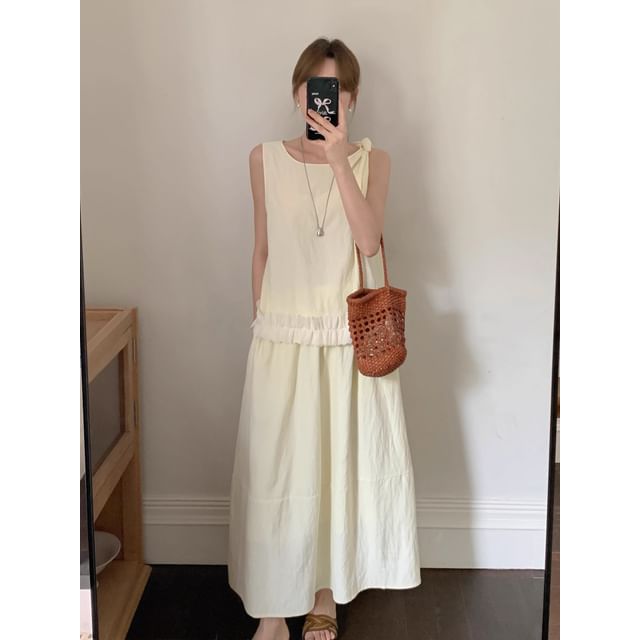 Set: Sleeveless Round Neck Plain Ruffle Trim Top + Mid Rise Maxi A-Line Skirt