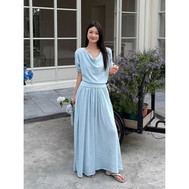 Set: Short-Sleeve Cowl Neck Plain Knit Top + Mid Rise Maxi A-Line Skirt
